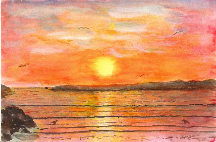 aquarelle 16 X 24 cm Août 2011. Une des déclinaisons que j'ai faite sur le coucher de soleil sur la baie de Douarnenez suite à un séjour là-bas en Mai 2011